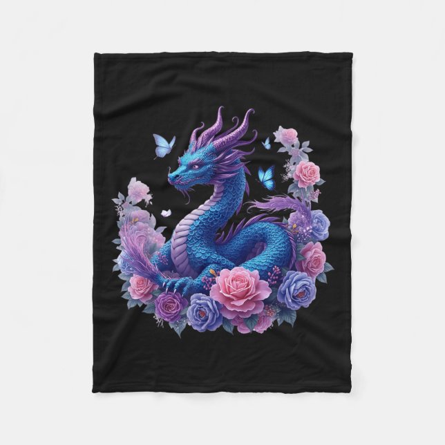 Dragon Flowers Beautiful Art Colourful Graphic  Fleece Blanket (Front)