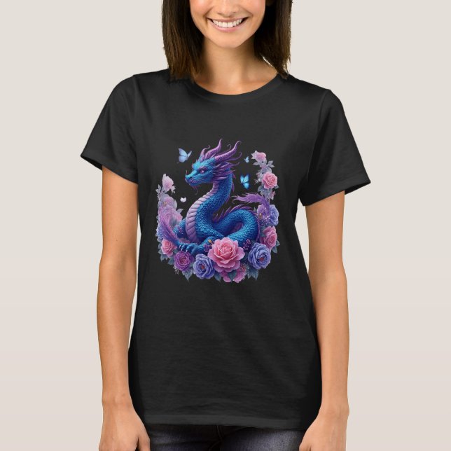 Dragon Flowers Beautiful Art Colourful Graphic  T-Shirt (Front)