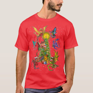 Dragon Fly Around Christmas Tree Dragons Xmas Love T-Shirt