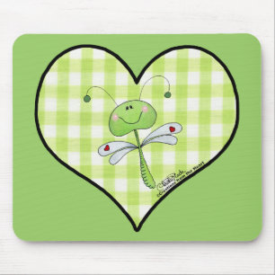 Dragon Fly in green gingham heart Mouse Mat