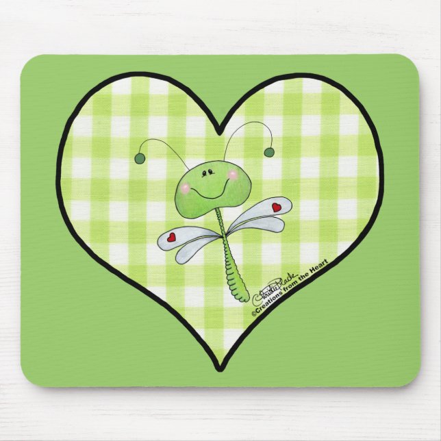 Dragon Fly in green gingham heart Mouse Mat (Front)