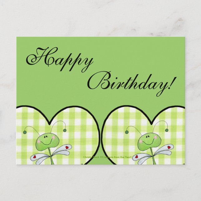 Dragon Fly in green gingham heart Postcard (Front)