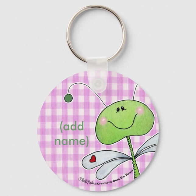 Dragon Fly on Pink Gingham Key Ring (Front)