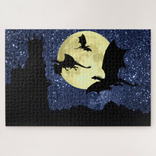 Dragon flying,midnight sky cliff castle,full moon jigsaw puzzle