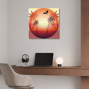 Dragon flying over tropical island at sunset poster