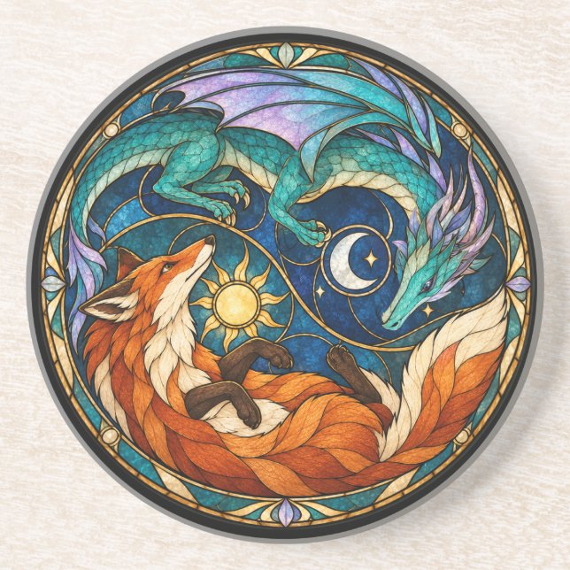 Dragon Fox Celestial Stained Glass Coaster (Front)