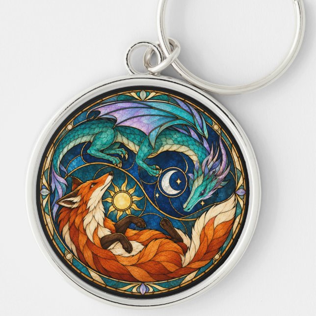 Dragon Fox Celestial Stained Glass Key Ring (Front)