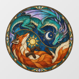 Dragon Fox Sun Moon Stained Glass Window Cling