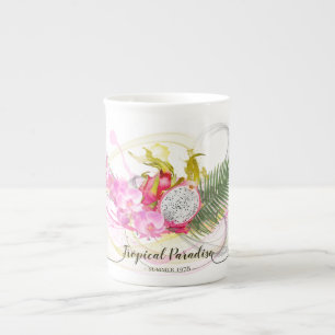 Dragon Fruit and Pink Orchid Tropical Calligraphy Bone China Mug