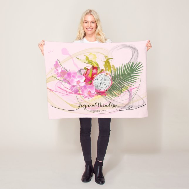 Dragon Fruit and Pink Orchid Tropical Calligraphy Fleece Blanket (In Situ)