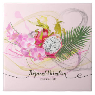 Dragon Fruit and Pink Orchid Tropical Calligraphy Tile