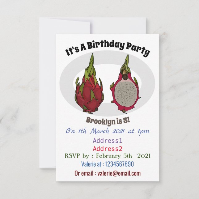 Dragon fruit cartoon illustration invitation (Front)