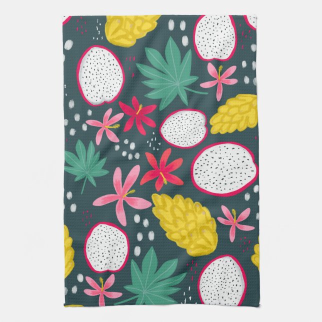 Dragon fruit tropical blooms kitchen towel (Vertical)