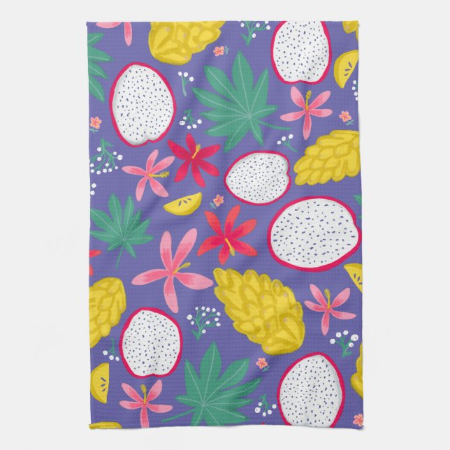 Dragon fruit tropical blooms purple kitchen towel (Vertical)