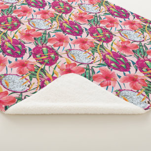 Dragon Fruit Tropical Floral Modern Green Palm Sherpa Blanket
