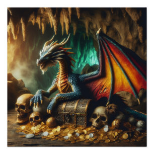 Dragon Guarding His Treasures Fantasy Poster Art
