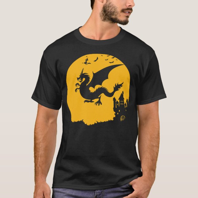Dragon Halloween Bats Witch Haunted House Design T-Shirt (Front)