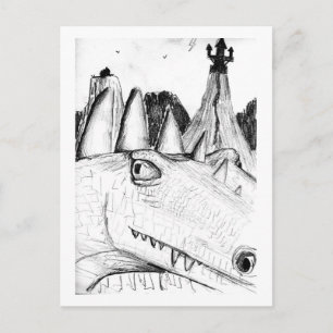 Dragon head drawing castle on hill beast postcard