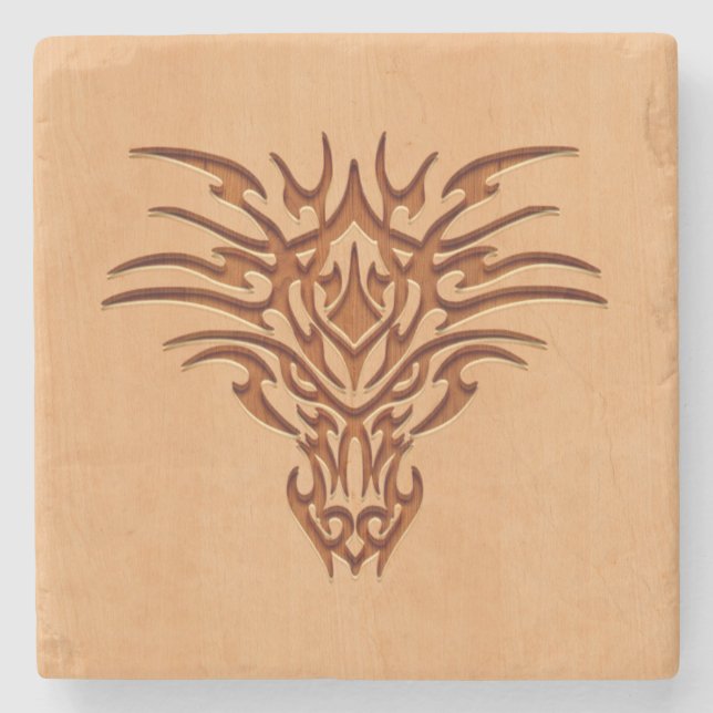 Dragon head engraved on wood effect stone coaster (Front)