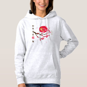 Dragon head in red moon with cherry blossom hoodie
