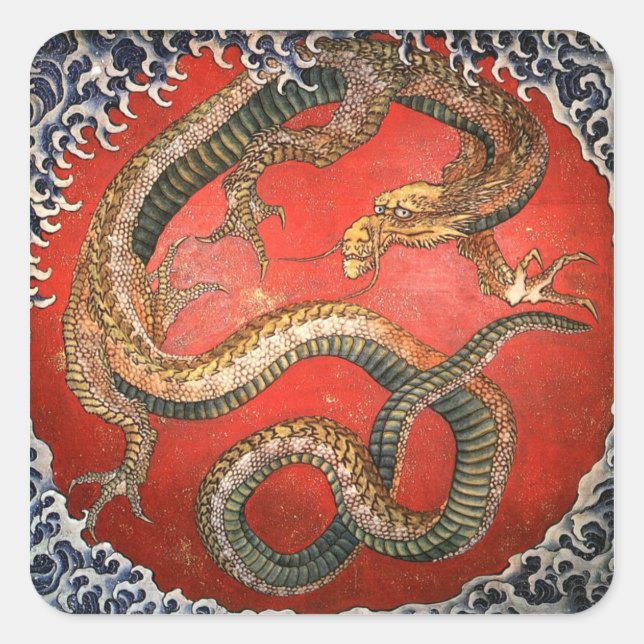 Dragon, Hokusai Japanese Fine Art Square Sticker (Front)