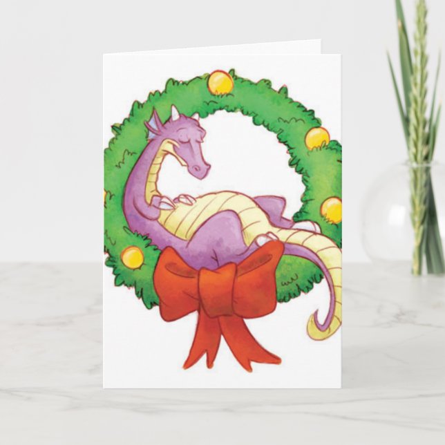 Dragon In A Christmas Wreath Holiday Card (Front)