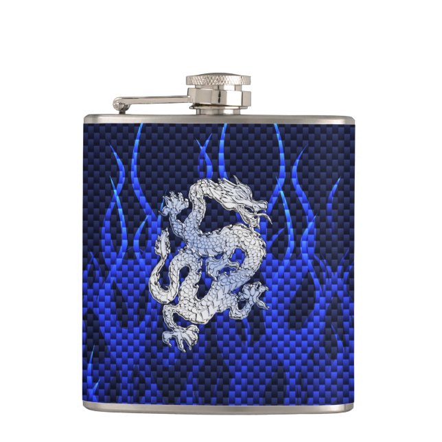 Dragon in Chrome like blue Carbon Fiber Styles Hip Flask (Front)