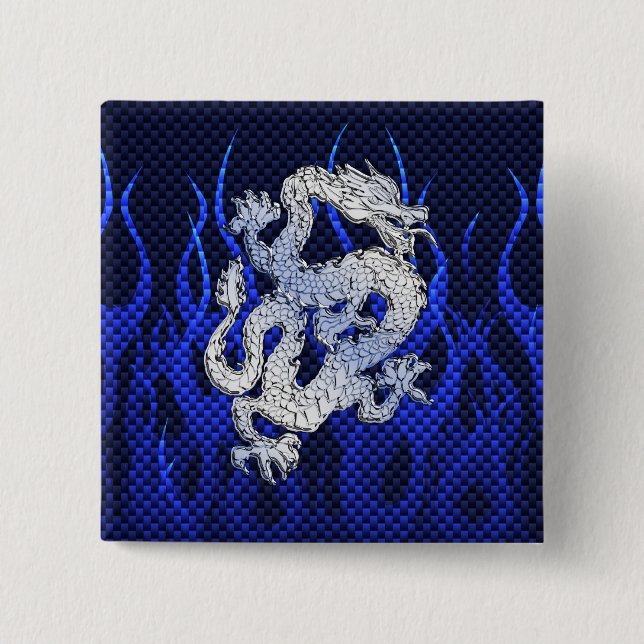 Dragon in Chrome like blue Carbon Fibre Style 15 Cm Square Badge (Front)