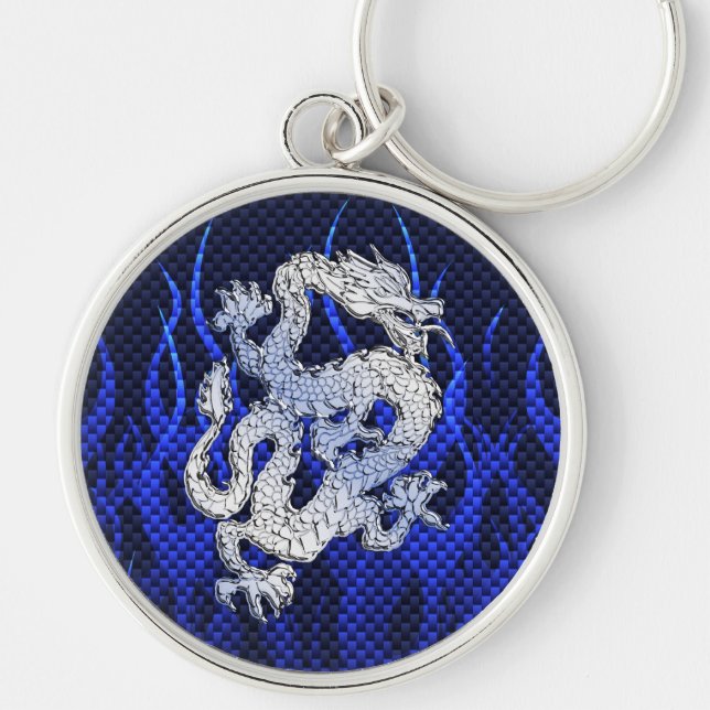 Dragon in Chrome like blue Carbon Fibre Style Key Ring (Front)