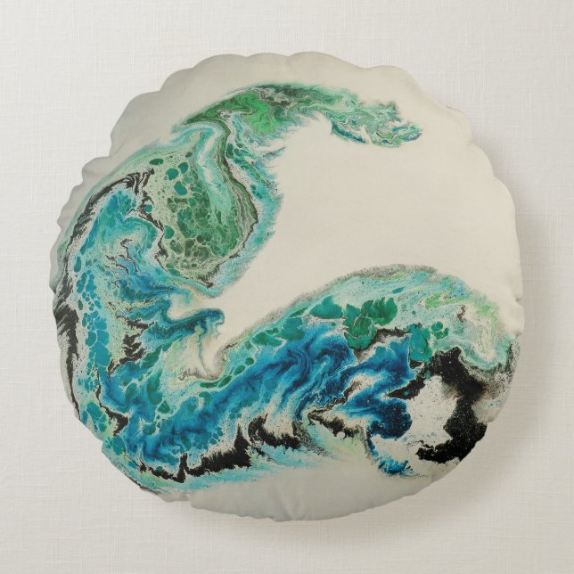 “Dragon in the Waves – Abstract Ocean Energy Round Cushion (Front)