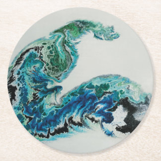 “Dragon in the Waves – Abstract Ocean Energy Round Paper Coaster