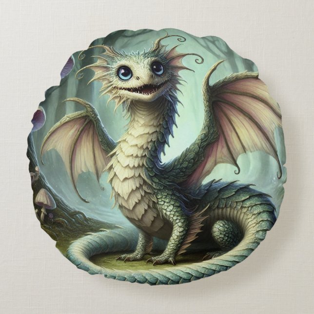 Dragon Jabberwocky Cute Fantasy Creature Art Round Cushion (Front)