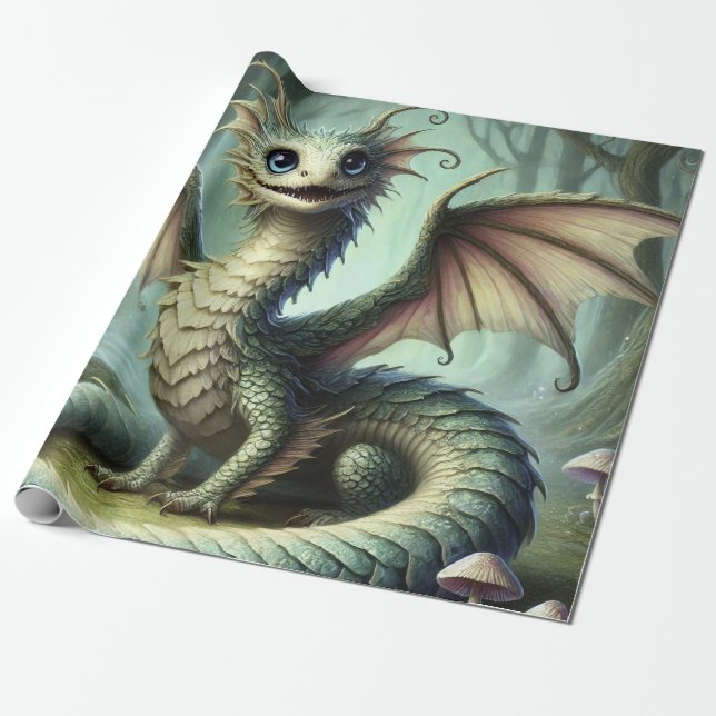 Dragon Jabberwocky Cute Fantasy Creature Art Wrapping Paper (Unrolled)