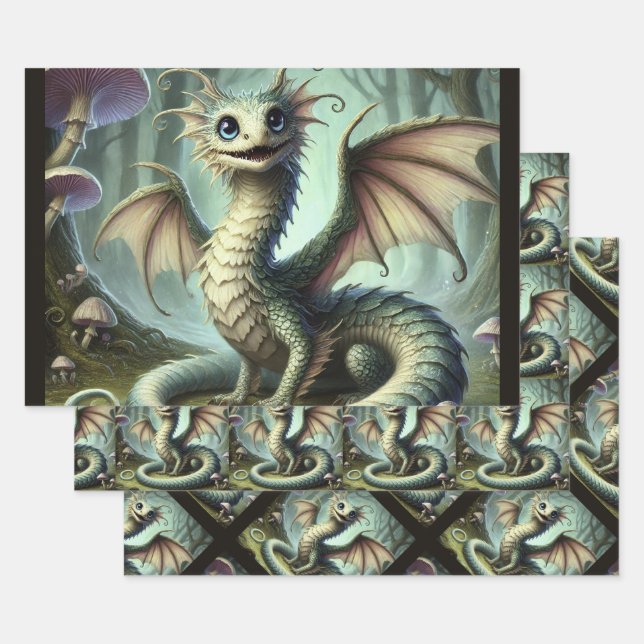 Dragon Jabberwocky Cute Fantasy Creature Art Wrapping Paper Sheet (Set)