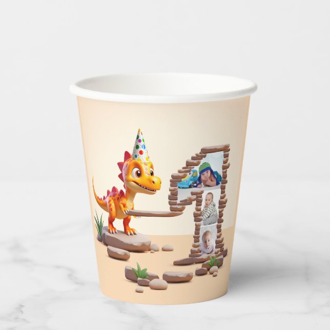 Dragon Little Dino | 1st Birthday Photo Big Number Paper Cups (Front)