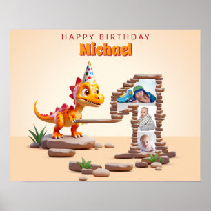 Dragon Little Dino Photo Big Number 1st Birthday Poster