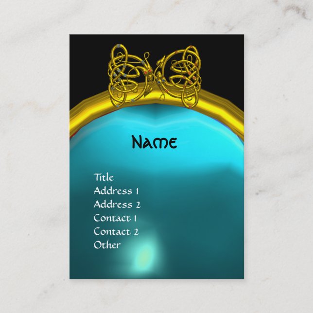 DRAGON LOVE AQUAMARINE  MONOGRAM blue yellow black Business Card (Front)