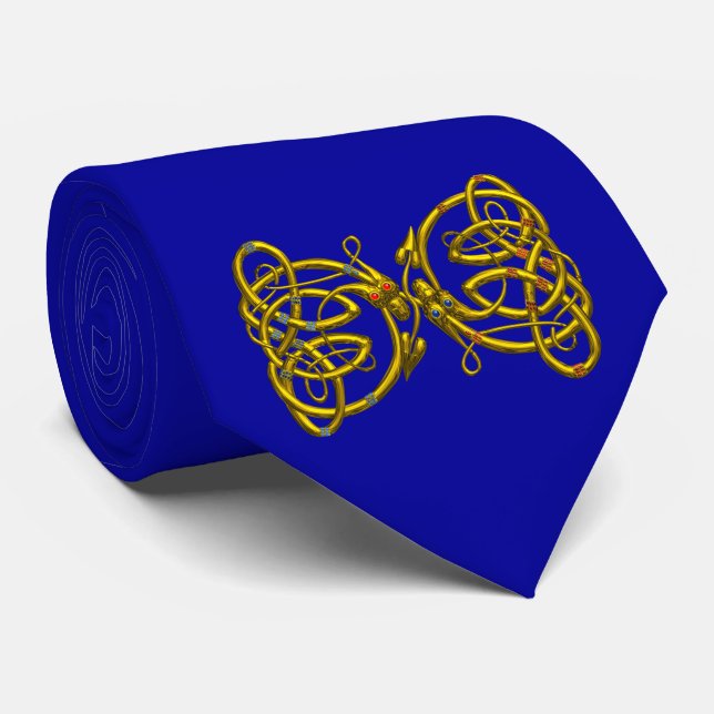 DRAGON LOVE / Gold Blue Celtic Knots Tie (Rolled)