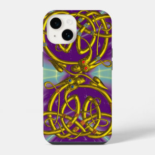 DRAGON LOVE ,GOLD CELTIC KNOTS  DRAGONS, Purple iPhone 14 Case