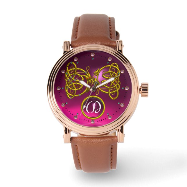 DRAGON LOVE/ GOLD CELTIC KNOTS GEMSTONE MONOGRAM WATCH (Front)