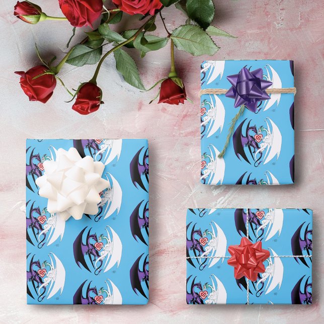 Dragon Love Heart Blue Wrapping Paper Sheet (Creator Uploaded)