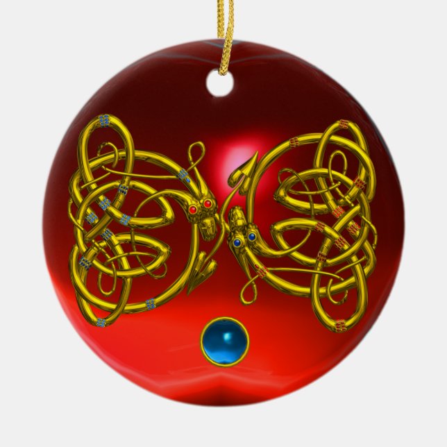 DRAGON LOVE HEART Red Ruby and Blue Sapphire Ceramic Tree Decoration (Front)