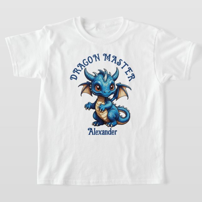Dragon Master Cute Blue Dragon Personalise T-Shirt (Laydown)