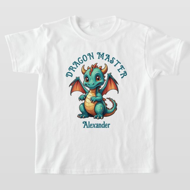 Dragon Master Cute Green Dragon Personalise T-Shirt (Laydown)