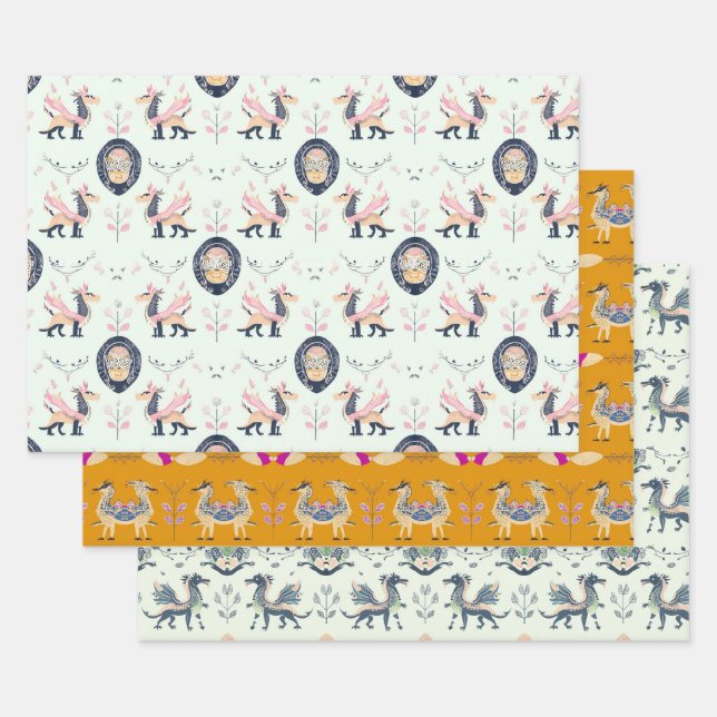 Dragon Mediaeval Wrapping Paper Flat Sheet Set of  (Set)