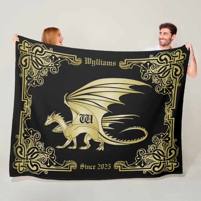 Dragon Monogram Gold Frame Traditional Book Cover Fleece Blanket (In Situ)