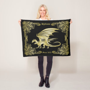 Dragon Monogram Gold Frame Traditional Book Cover Fleece Blanket