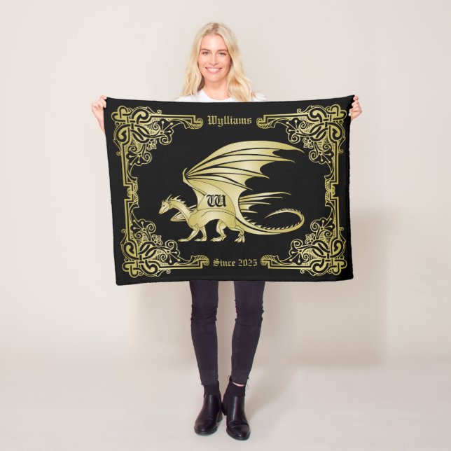 Dragon Monogram Gold Frame Traditional Book Cover Fleece Blanket (In Situ)