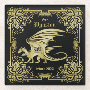 Dragon Monogram Gold Frame Traditional Book Cover Glass Coaster