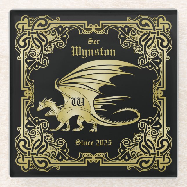 Dragon Monogram Gold Frame Traditional Book Cover Glass Coaster (Front)